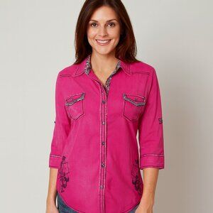 Roar Embellished Pink Western Shirt L • Rhinestone Cross Back • Boho Rocker Chic